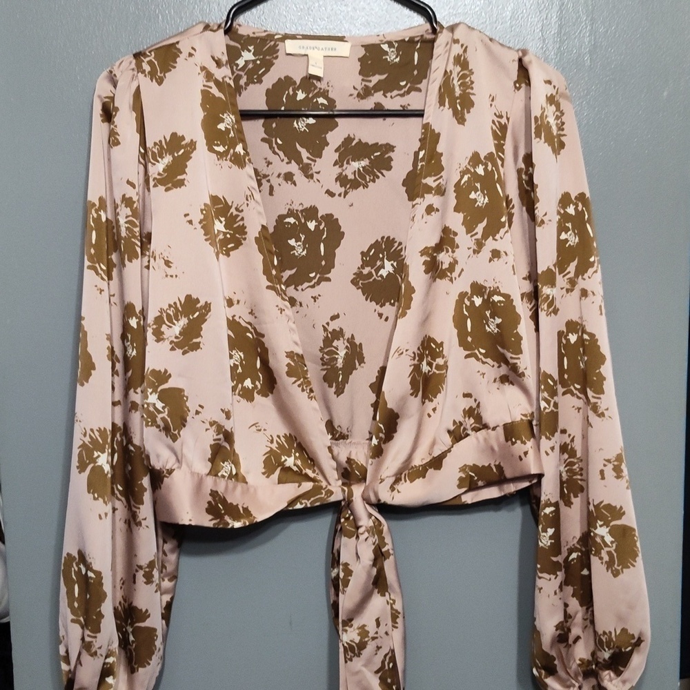 Grade & Gather Womens Floral  tie front Crop Top Long Sleeve Casual over wrap sm